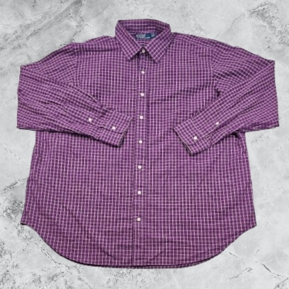 Polo by Ralph Lauren Men's 2XL Big Purple Checkered Button Up Dress Shirt‎